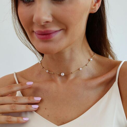 foyjoey Dainty Pearl Choker Necklace Adjustable Handmade Gold Pearl Beaded Chain Necklace for Women Bridesmaid Wedding Jewelry Gifts in Kuwait