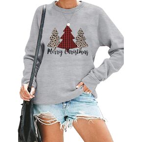 LUKYCILD Christmas Trees Sweatshirt Women Plaid Leopard Graphic Long Sleeve Pulllover Tops