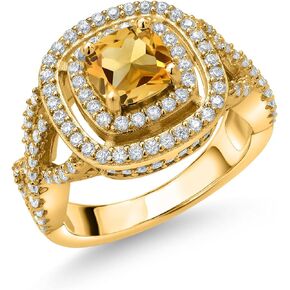 Gem Stone King 18K Yellow Gold Plated Silver Yellow Citrine and White Moissanite Ring For Women (1.84 Cttw, Gemstone Birthstone, Cushion Cut 6MM, Available In Size 5, 6, 7, 8, 9) in Saudi Arabia