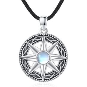 Moonstone Compass/Star Necklace for Women Men 925 Sterling Silver Celtic Compass Necklace Moonstone/Star Celtic Pendant Necklaces Fashion Dainty Jewelry Gift for Women Men Boy Girls