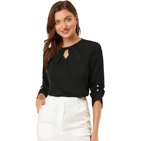 بلوزة نسائية من Allegra K للعمل المكتبي ذات ثنيات أمامية مكشكشة 3/4 كم قميص شيفون in Kuwait