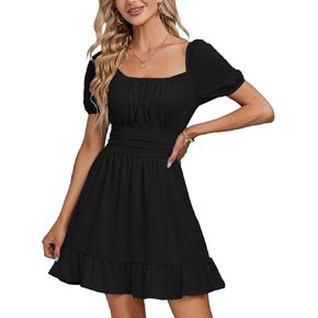 Rooscier Women's Square Neck Puff Short Sleeve Ruffle Elastic Waist Tie Back Mini Dress