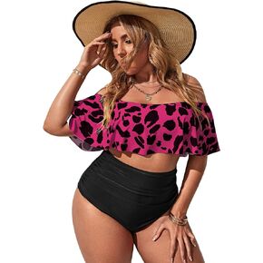 Floerns Women's Plus Size Two Piece Off Shoulder High Waisted Bikini Swimsuit