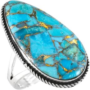 Spiny Oyster & Turquoise Ring in Sterling Silver 925 Genuine Gemstones