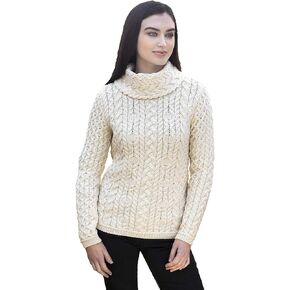 Aran Crafts Women's Traditional Irish Cable Cowl Neck Sweater (100% Merino Wool)