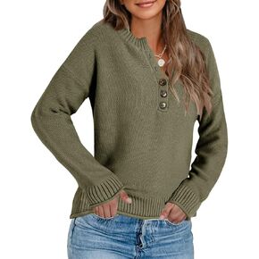 Saudacdn Women's Casual V-Neck Button Down Long Sleeve Ribbed Knit Loose Henley Tunic Sweaters Fall Pullover Jumper Tops