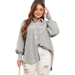 LALAGEN Womens Plus Size Oversized Long Sleeve Button Down Shirt Modest Smocked Cuffed Loose Shirts Blouse with Pocket L-5X in Kuwait