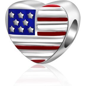 USA American Flag Charms 925 Sterling Silver Heart Love Motherland Charms Fits Pandora European Bracelet,Valentine's Day Gifts