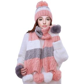مجموعة وشاح وقفازات للنساء والفتيات، قبعة صغيرة مبطنة بالصوف الشتوي مع بوم بوم ونصف قفازات ووشاح طويل in Kuwait