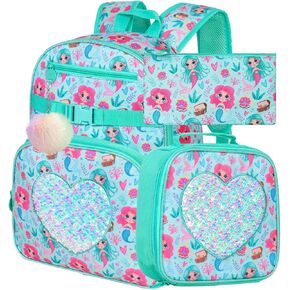 FTJCF 3PCS Backpack for Girls, 16" Kids Sequins Rainbow Bookbag with Lunch Box, Elementary Preschool Kindergarten School Bag Set - Pink