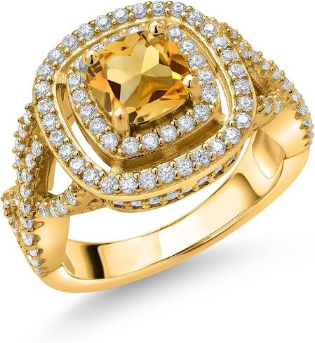 Gem Stone King 18K Yellow Gold Plated Silver Yellow Citrine and White Moissanite Ring For Women (1.84 Cttw, Gemstone Birthstone, Cushion Cut 6MM, Available In Size 5, 6, 7, 8, 9) in Saudi Arabia