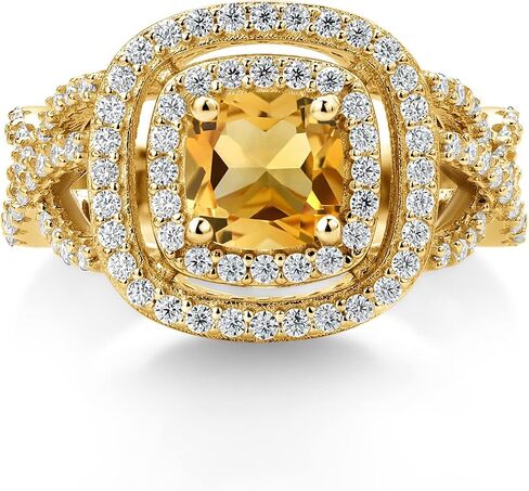 Gem Stone King 18K Yellow Gold Plated Silver Yellow Citrine and White Moissanite Ring For Women (1.84 Cttw, Gemstone Birthstone, Cushion Cut 6MM, Available In Size 5, 6, 7, 8, 9) in Saudi Arabia