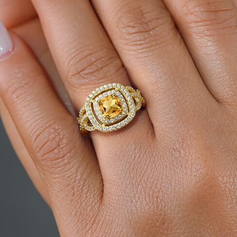 Gem Stone King 18K Yellow Gold Plated Silver Yellow Citrine and White Moissanite Ring For Women (1.84 Cttw, Gemstone Birthstone, Cushion Cut 6MM, Available In Size 5, 6, 7, 8, 9) in Saudi Arabia