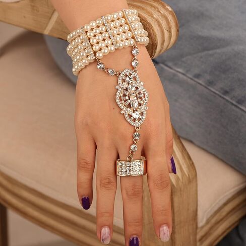 YERTTER خمر غاتسبي فلابر لؤلؤة تمتد رابط الذهب حجر الراين خاتم سوار 1920s اليد سلسلة الملحقات لعرائس الزفاف حزب سوار قابل للتعديل in Saudi Arabia