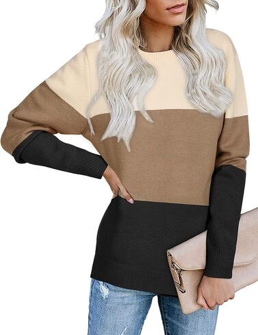 LAISHEN Womens Fall Fashion 2023 Long Sleeve Sweaters Casual Loose Color Block Crew Neck Knit Pullover Tops in Kuwait