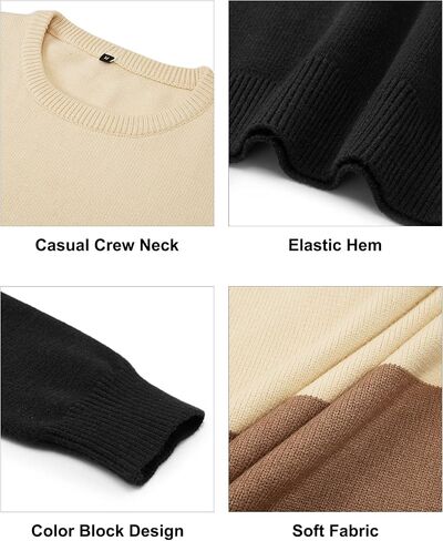 LAISHEN Womens Fall Fashion 2023 Long Sleeve Sweaters Casual Loose Color Block Crew Neck Knit Pullover Tops in Kuwait