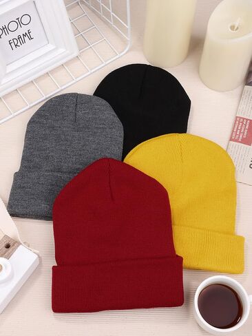 KUTTOR 4 Pack Knit Skull Beanie Hats Adult Winter Warm Hats Cozy Knitted Ski Cap Cuffed Stretchy Beanie Hats for Men Women in Saudi Arabia