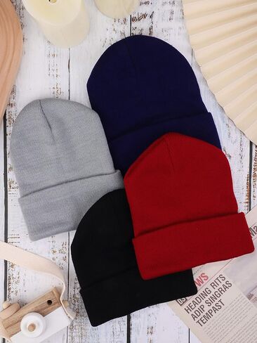 KUTTOR 4 Pack Knit Skull Beanie Hats Adult Winter Warm Hats Cozy Knitted Ski Cap Cuffed Stretchy Beanie Hats for Men Women in Saudi Arabia