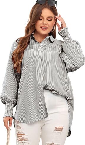 LALAGEN Womens Plus Size Oversized Long Sleeve Button Down Shirt Modest Smocked Cuffed Loose Shirts Blouse with Pocket L-5X in Kuwait