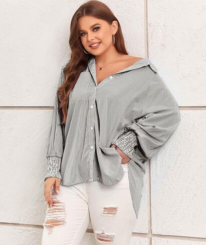 LALAGEN Womens Plus Size Oversized Long Sleeve Button Down Shirt Modest Smocked Cuffed Loose Shirts Blouse with Pocket L-5X in Kuwait