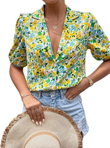 Floerns Women's Casual V Neck Collared Button Up Blouse Top Print Summer Shirt in Kuwait