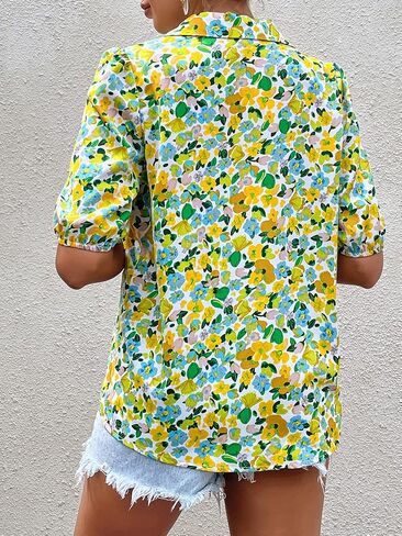 Floerns Women's Casual V Neck Collared Button Up Blouse Top Print Summer Shirt in Kuwait