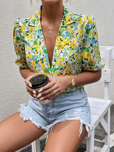 Floerns Women's Casual V Neck Collared Button Up Blouse Top Print Summer Shirt in Kuwait