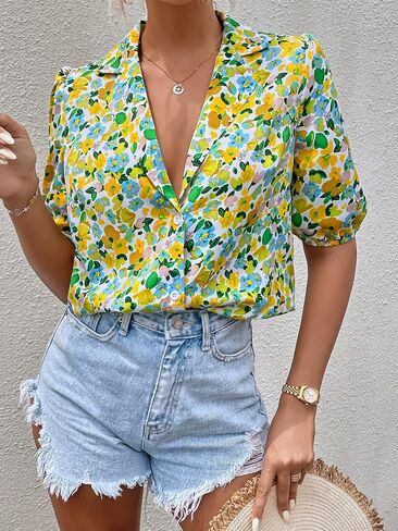 Floerns Women's Casual V Neck Collared Button Up Blouse Top Print Summer Shirt in Kuwait