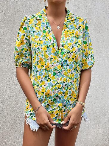 Floerns Women's Casual V Neck Collared Button Up Blouse Top Print Summer Shirt in Kuwait