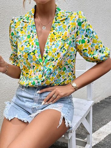 Floerns Women's Casual V Neck Collared Button Up Blouse Top Print Summer Shirt in Kuwait