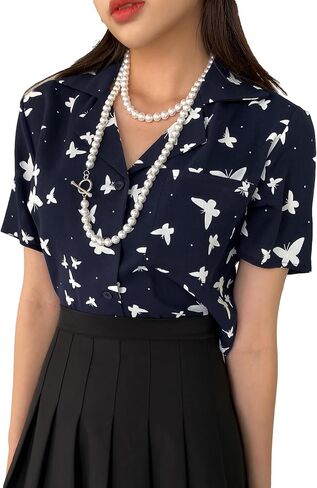 Floerns Women's Casual V Neck Collared Button Up Blouse Top Print Summer Shirt in Kuwait
