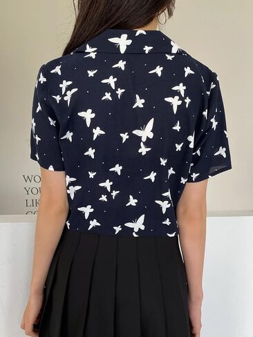 Floerns Women's Casual V Neck Collared Button Up Blouse Top Print Summer Shirt in Kuwait