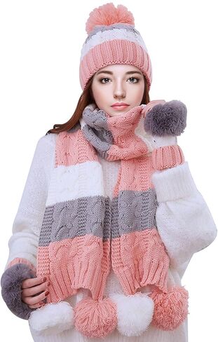 مجموعة وشاح وقفازات للنساء والفتيات، قبعة صغيرة مبطنة بالصوف الشتوي مع بوم بوم ونصف قفازات ووشاح طويل in Kuwait