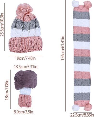 مجموعة وشاح وقفازات للنساء والفتيات، قبعة صغيرة مبطنة بالصوف الشتوي مع بوم بوم ونصف قفازات ووشاح طويل in Kuwait