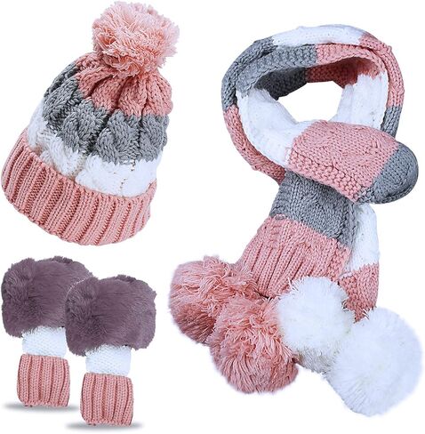 مجموعة وشاح وقفازات للنساء والفتيات، قبعة صغيرة مبطنة بالصوف الشتوي مع بوم بوم ونصف قفازات ووشاح طويل in Kuwait