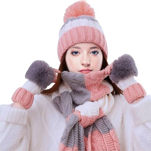 مجموعة وشاح وقفازات للنساء والفتيات، قبعة صغيرة مبطنة بالصوف الشتوي مع بوم بوم ونصف قفازات ووشاح طويل in Kuwait