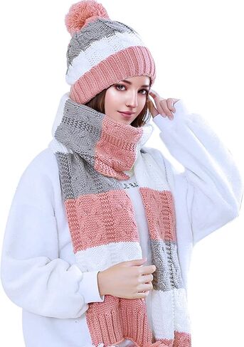 مجموعة وشاح وقفازات للنساء والفتيات، قبعة صغيرة مبطنة بالصوف الشتوي مع بوم بوم ونصف قفازات ووشاح طويل in Kuwait