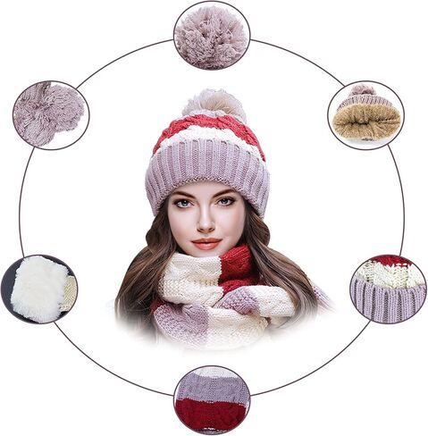 مجموعة وشاح وقفازات للنساء والفتيات، قبعة صغيرة مبطنة بالصوف الشتوي مع بوم بوم ونصف قفازات ووشاح طويل in Kuwait