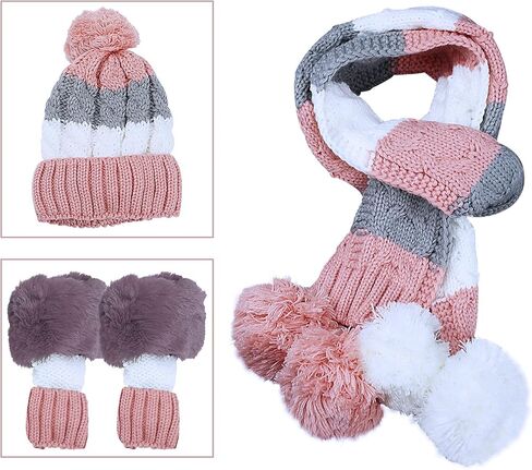 مجموعة وشاح وقفازات للنساء والفتيات، قبعة صغيرة مبطنة بالصوف الشتوي مع بوم بوم ونصف قفازات ووشاح طويل in Kuwait