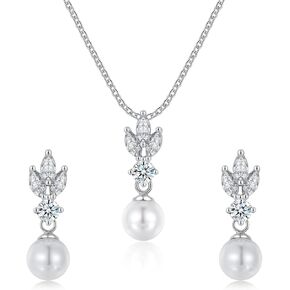 زد ار يو طقم مجوهرات للنساء من الفضة الاسترليني عيار 925 مكون من عقد واقراط متدلية مطلية بالذهب الابيض وحلق زركونيا مكعب لامع لحفلات الزفاف والحفلات الراقصة وهدايا العروس ووصيفة العروس in Kuwait