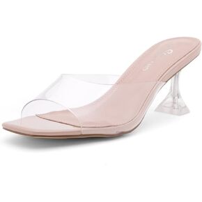 Shoe Land Womens Celebrate Clear Heel Sandals Transparent Stiletto Heeled Slides Square Open Toe Slip on Mules in Saudi Arabia