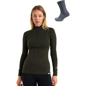 Merino Wool Base Layer Women - 100% Merino Half Zip Sweater Women Lite, Midweight, Heavyweight Thermal Shirts + Merino Socks