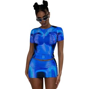 Women 2 Piece Outfits Hipster Y2K Aesthetic Body 3D Print Round Neck Slim Crop Top Bodycon Mini Skirt Set Streetwear