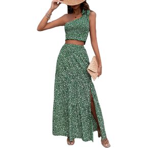 Verdusa Women's 2 Piece Outfit Floral Tie Shoulder Crop Top and Split Maxi Skirt Sets