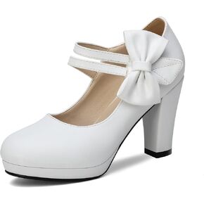 100FIXEO Chic Mary Jane Shoes Women Heels and Pumps Ladies Block High Heel Sweet Ankle Strap Dress Pumps Hook and Loop Bow Heels Closed Toe in Saudi Arabia