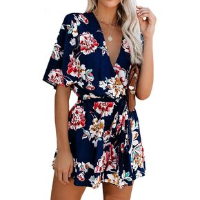 AIMCOO Women's Summer Deep V-Neck Floral Print Romper Ruffle Hem Half Flared Sleeve Jumpsuits Waist Tie Casual Short Romper