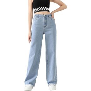 Floerns Girls Solid Raw Hem High Waist Wide Leg Trousers Straight Leg Denim Jeans