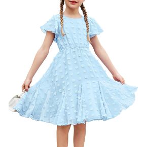 Arshiner Girls Girly Dress Swiss Dot Ruffle Short Sleeve Twirly Cute Dresses for 5-12 Years Old in Kuwait