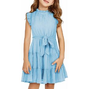 DOKOTOO KIDS Tween Girls Dresses Elegant Sleeveless Ruffle Flowy Dress with Belt 6-13 Years in Saudi Arabia