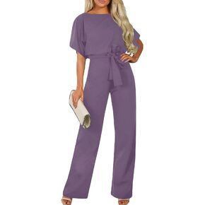 YIJIU Women’s Casual Crew Neck Short Sleeve Belted Loose Long Wide Leg Pants Jumpsuits Romper